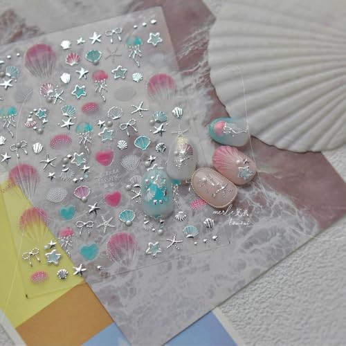 2Pcs Summer Nail Stickers for Nails Art,Extra Shiny shell starfish gold silver
