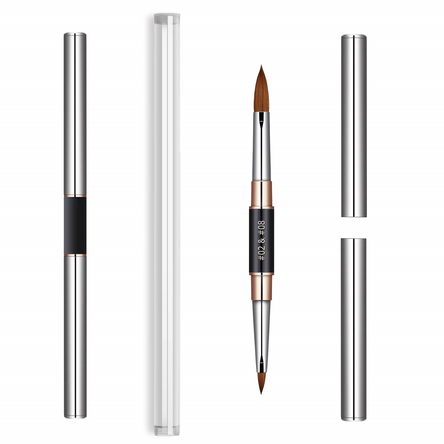 100% Kolinsky Acrylic Nail Brush 2-Head Dual-tip Size 2+8, 4+10, 6+12 Crimped