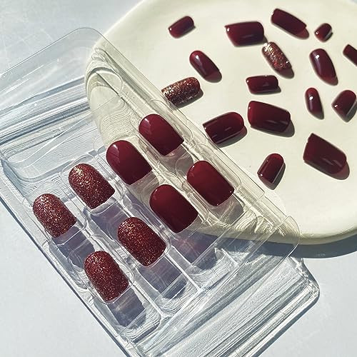 Burgundy Press on Nails Short False Nails Solid Color style14-Burgundy fall
