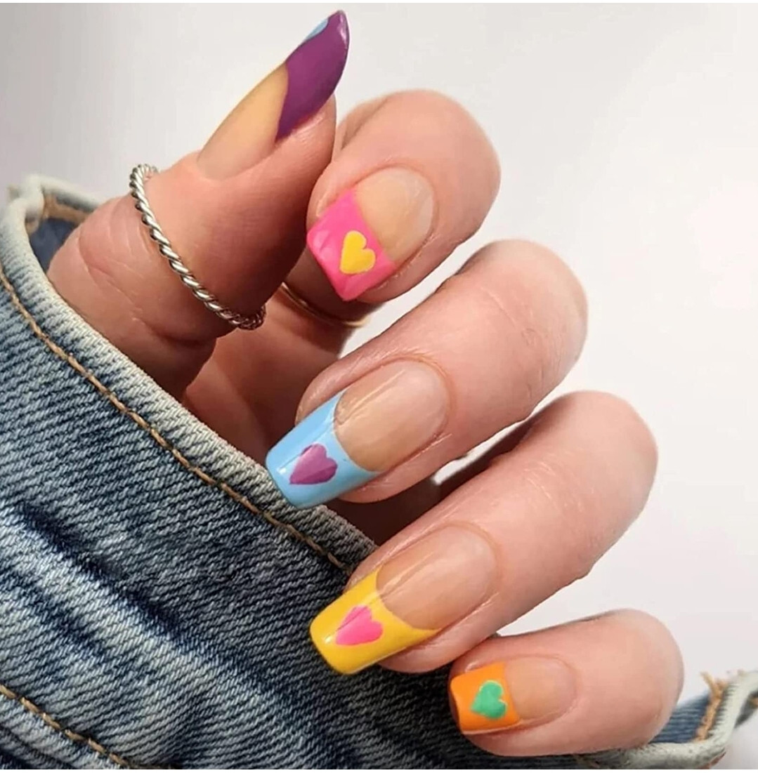 24 Press on nails w/ glue Square french hearts multi color tip nude pink blue