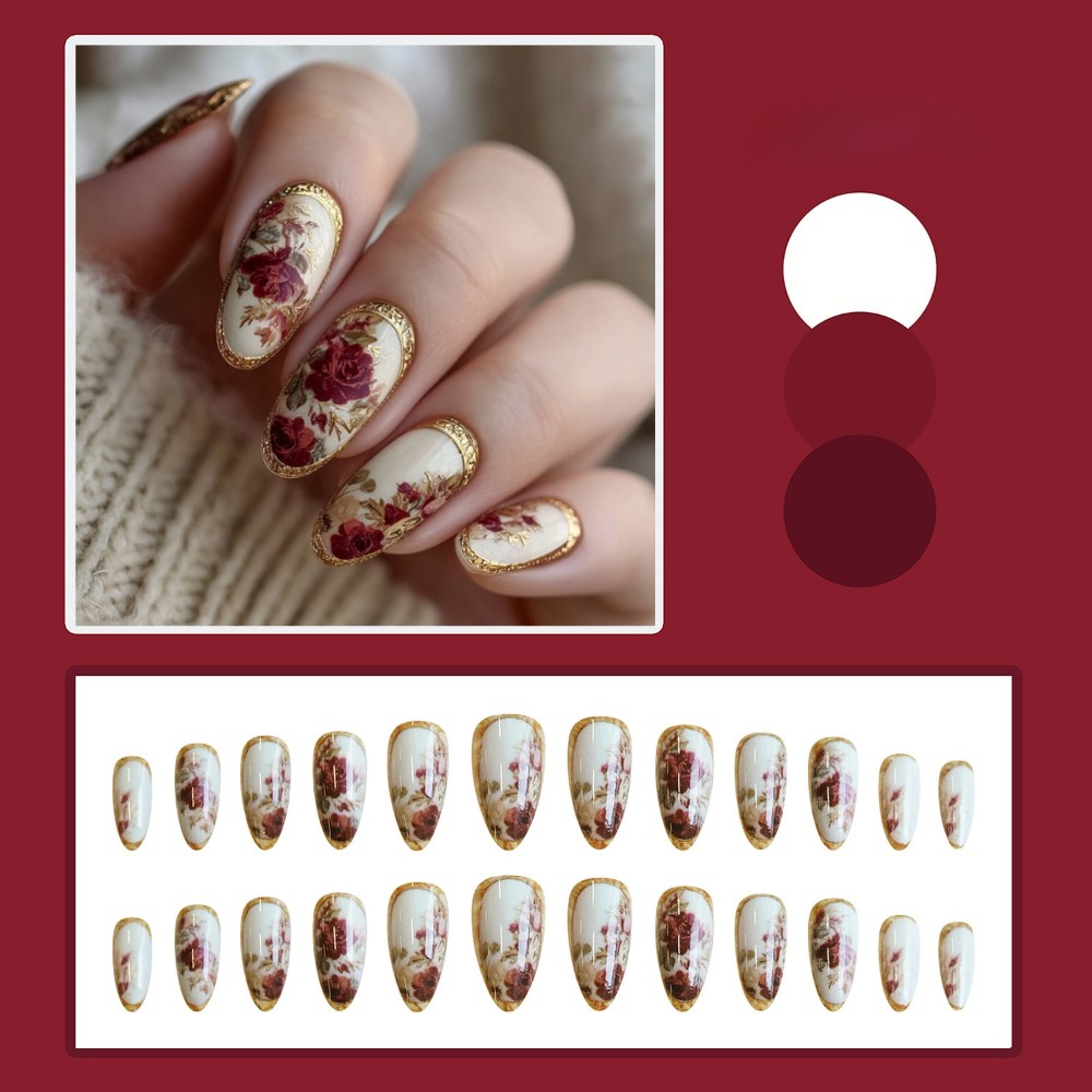 48P Short Almond Press on Nails, Vintage Red Rose Gold Trim Glossy Fake Nails