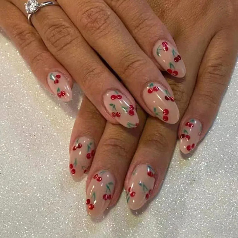 24pcs 3D Bow Pearl Cherry French Press On Nails
