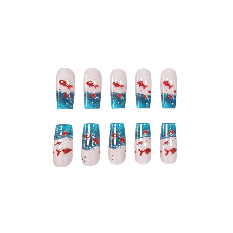 48Pcs Gradient Goldfish Coffin Press on Nails, Dreamy Creative Summer Fake Nails