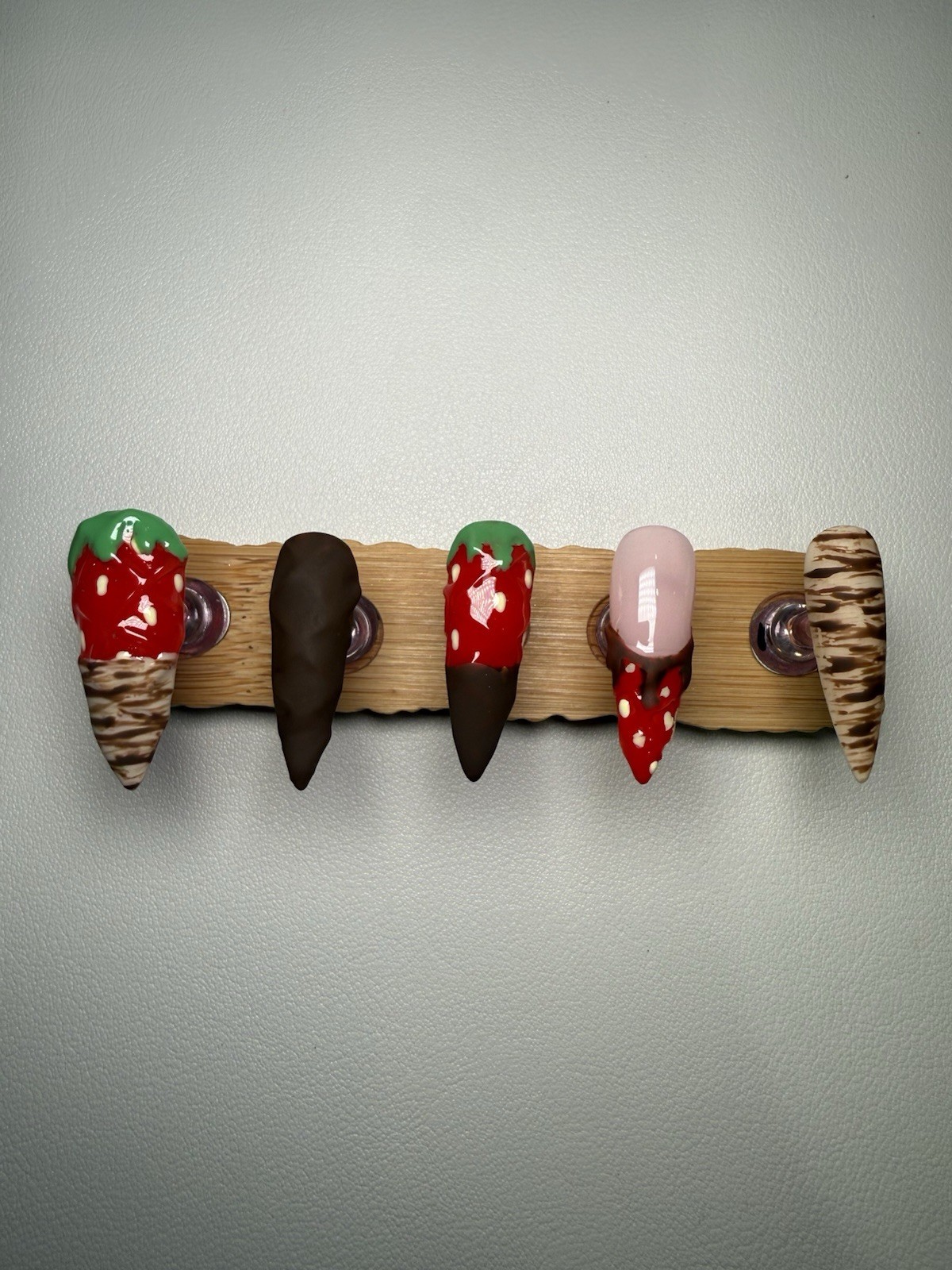 Strawberry chocolate 3D stiletto press-on nails, long gel, food theme
