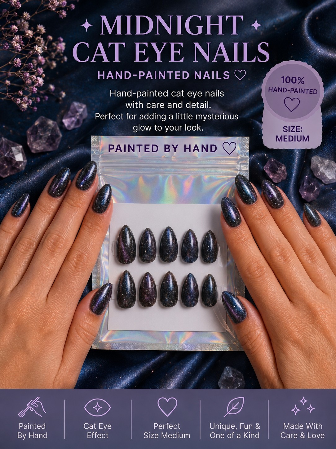 Hand-Painted Cat Eye Shimmer Press-On Nails, Medium Almond, Black Purple