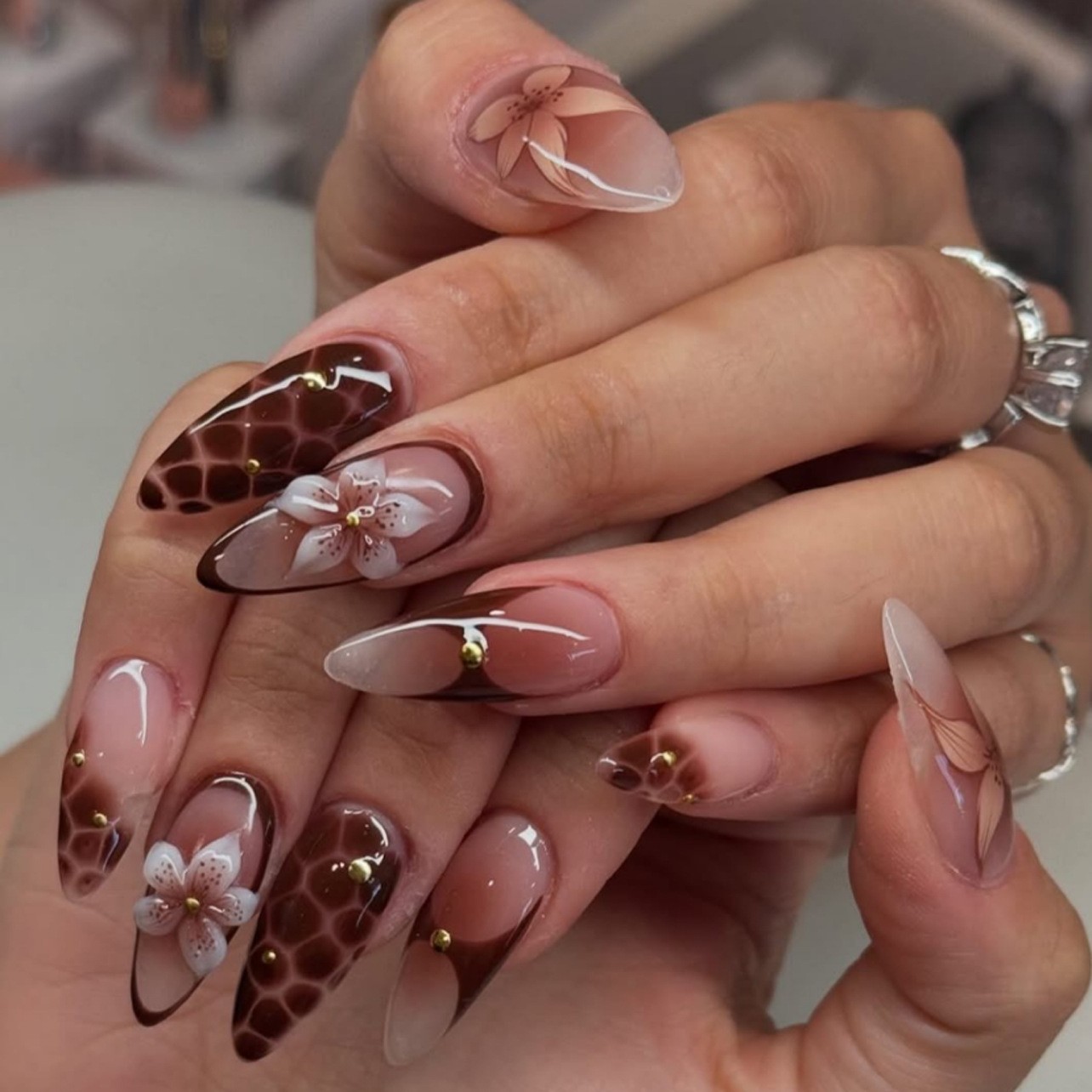 24pcs Chocolate Brown 3D Floral French Press on Nails, Medium Almond Shape