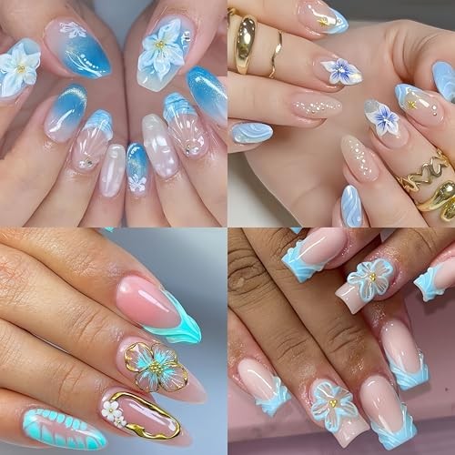 3 Sheets Summer Flowers Nail Stickers 5D Embossed Self Adhesive Blue Style01