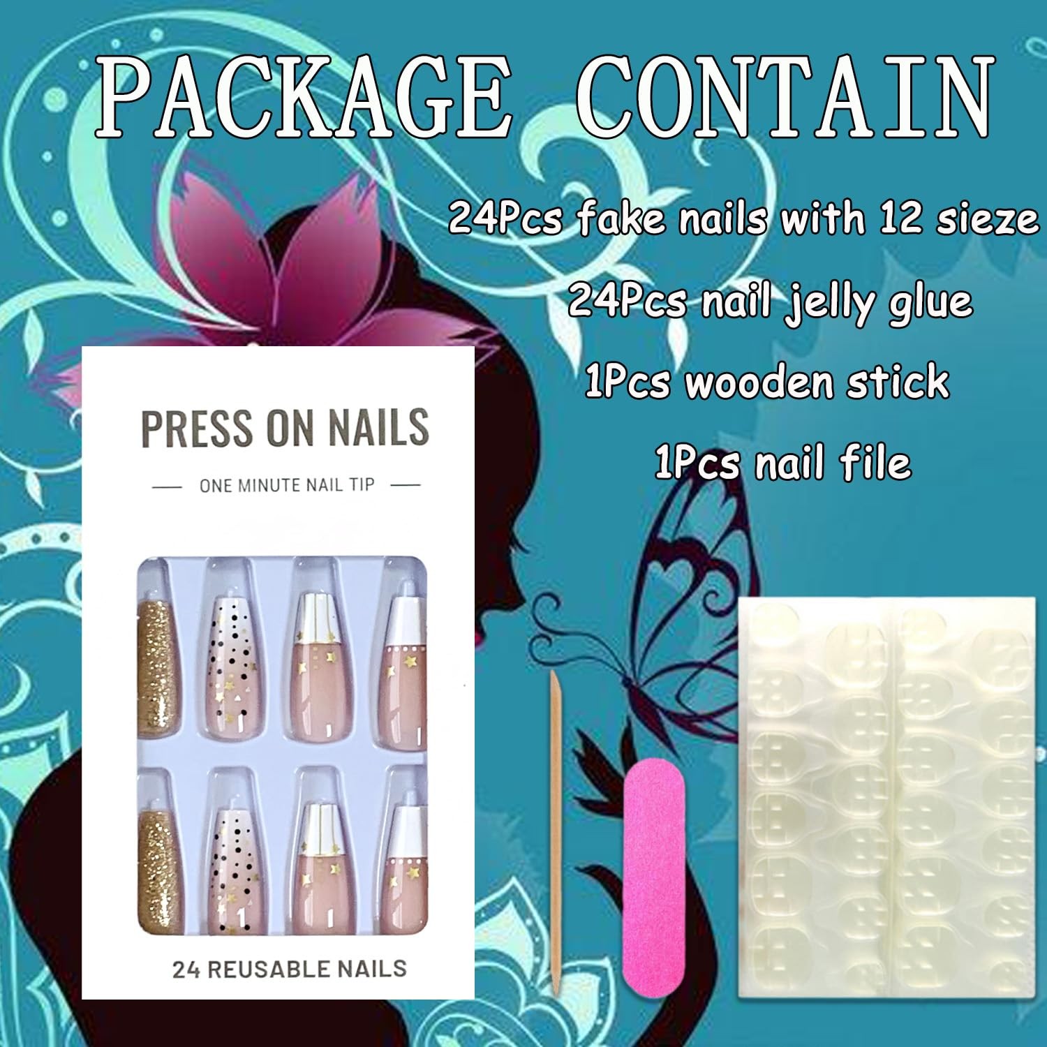 Press on Nails Medium Square Shaped French Tips Acrylic Glossy Full Cover Squ…