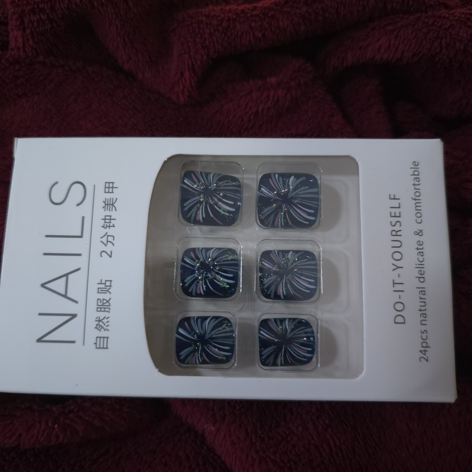 24pc Fireworks Press On Toenails Dark Blue Glitter Fake Nails Full Cover False