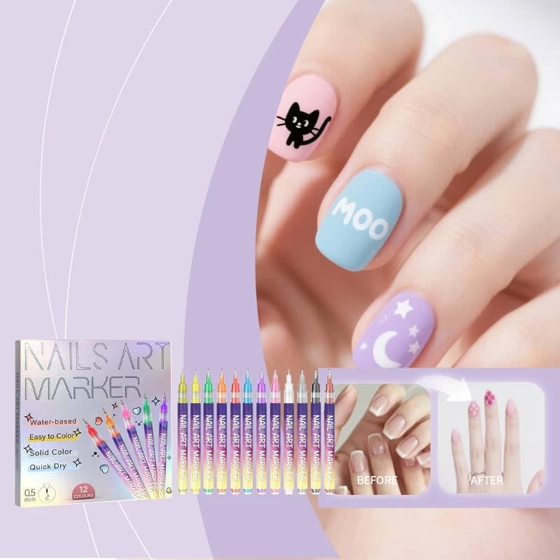 12 Color Nail Art Marker Pen Set Waterproof Quick Dry Fine Tip Nail Painting Pen