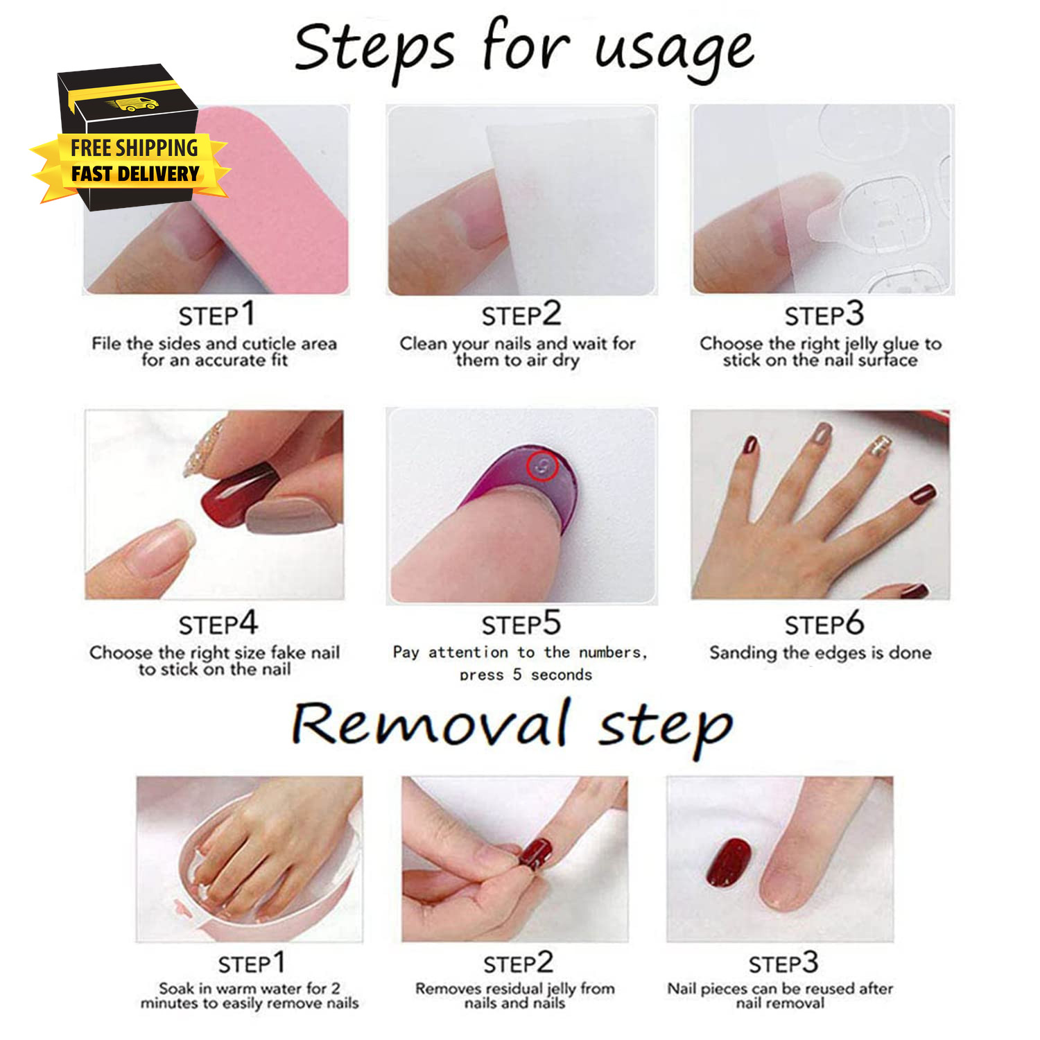 Rhinestone Artificial Fake Nails, 24Pcs Reusable Full Cover False Nails Kits for