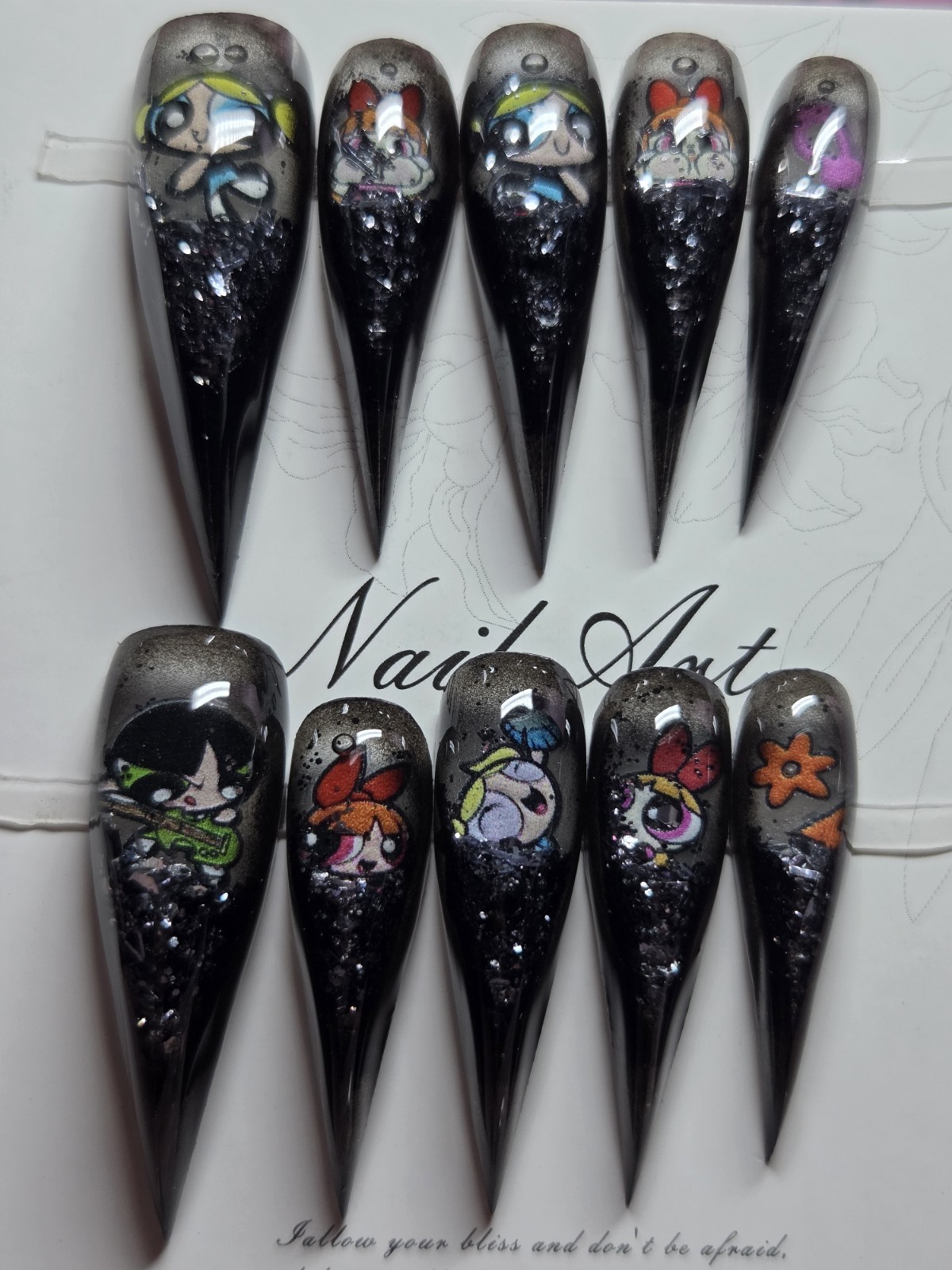 Press On Nails Handmade Large Claw,dragon, Black, Powerpuff Girl, WaterAqua Nail