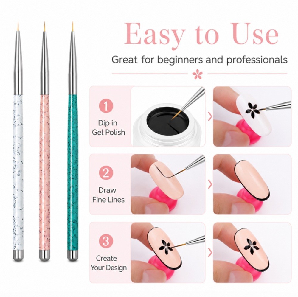 3-Piece Nail Art Tool Set Nail Art Pen UV Gel Dotting Tool Fine Liner Brush Kit