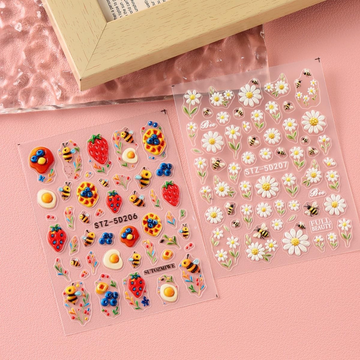 Summer Daisy Flower Nail Art Stickers 5D Embossed Nail Decals 2PCS Cute Bee L…
