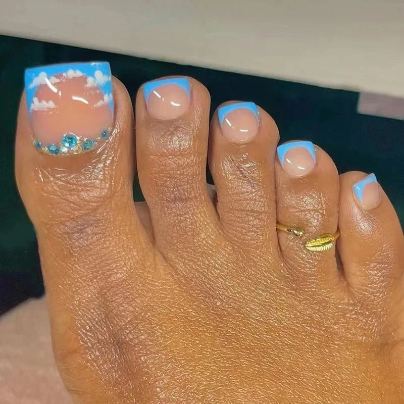 White French Nude Pink Short Fake Toenails Shiny Rhinestone Summer Flower Toe Fa