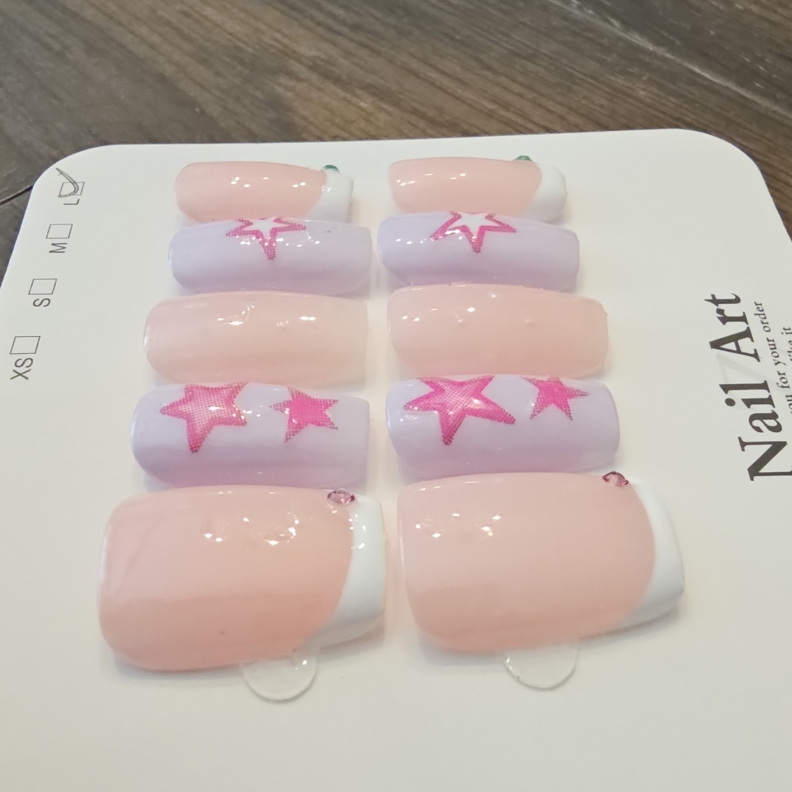 Press-On Nails Large Square Pink/White French Star Set