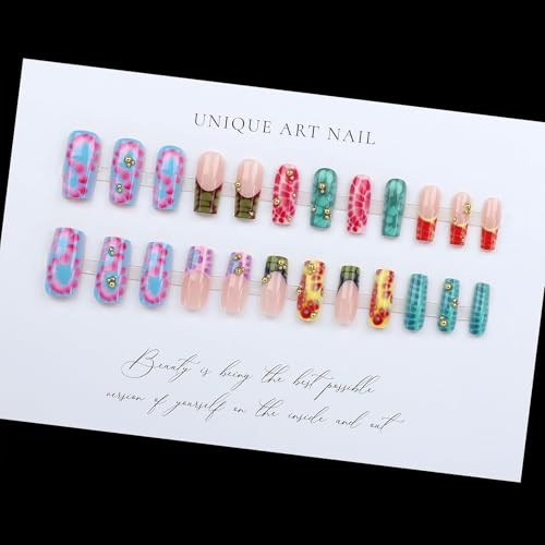 24Pcs Colorful Summer Press On Nails Medium Square, Y2K Leopard Print Fake