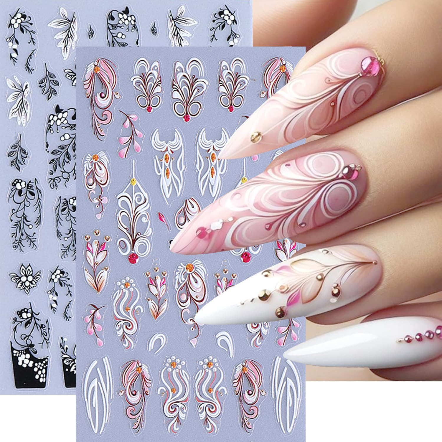 2Sheets Retro Black White Vine Flowers Nail Art Stickers 3D Embossed Pink Flower