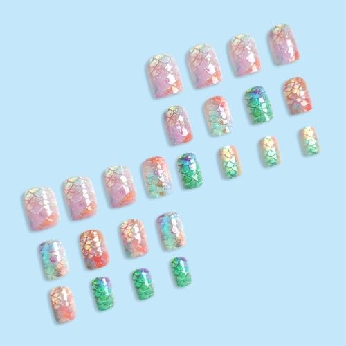 Summer Press on Nails Pink Shining Fake Nails Short Square False Design 11