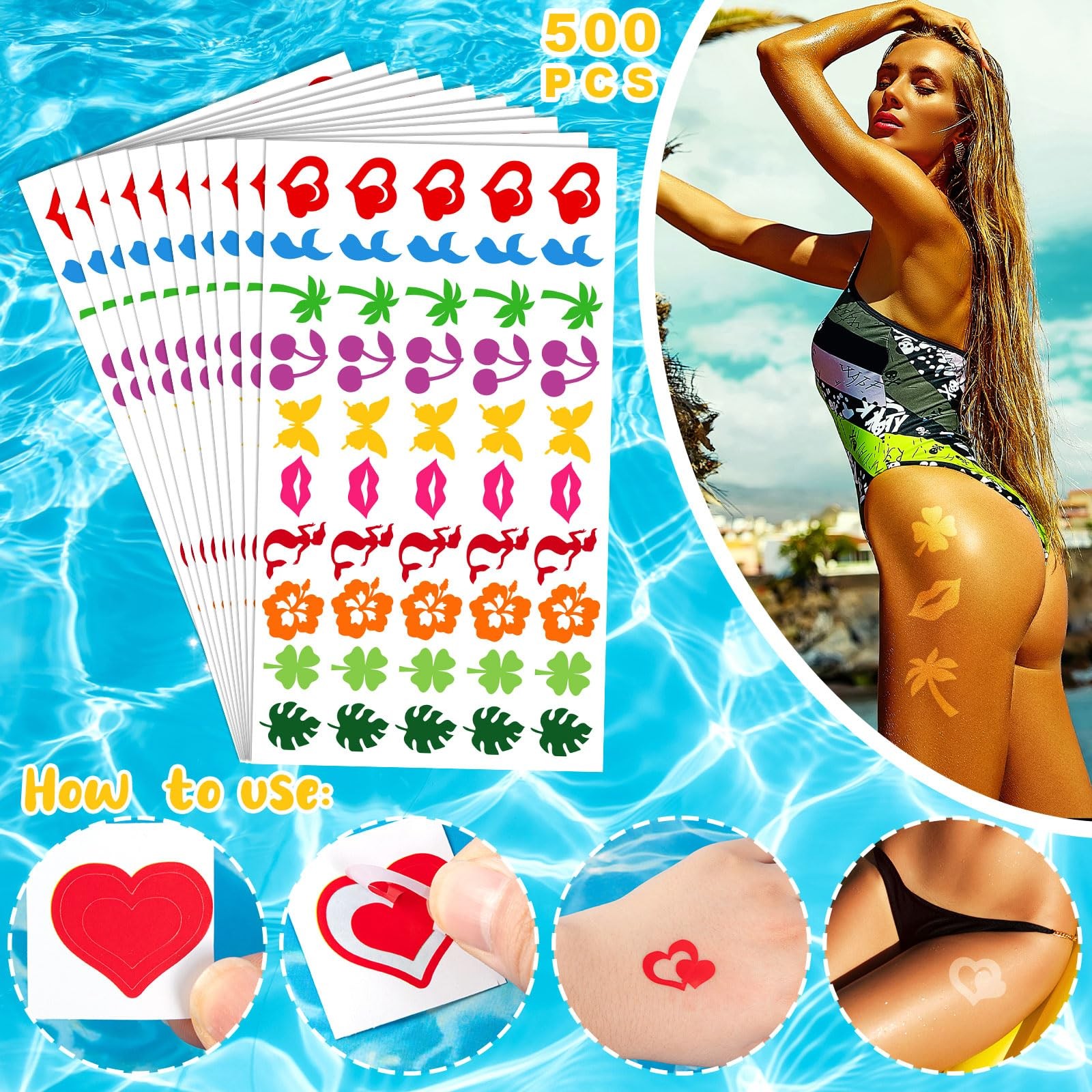 Tanning Sunbathing Stickers, 500Pcs Self Adhesive Removable Body Multicolor