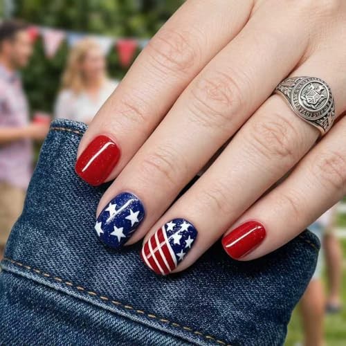 4th of July Press on Nails Short Square – Red White Blue Patriotic Fake Style14