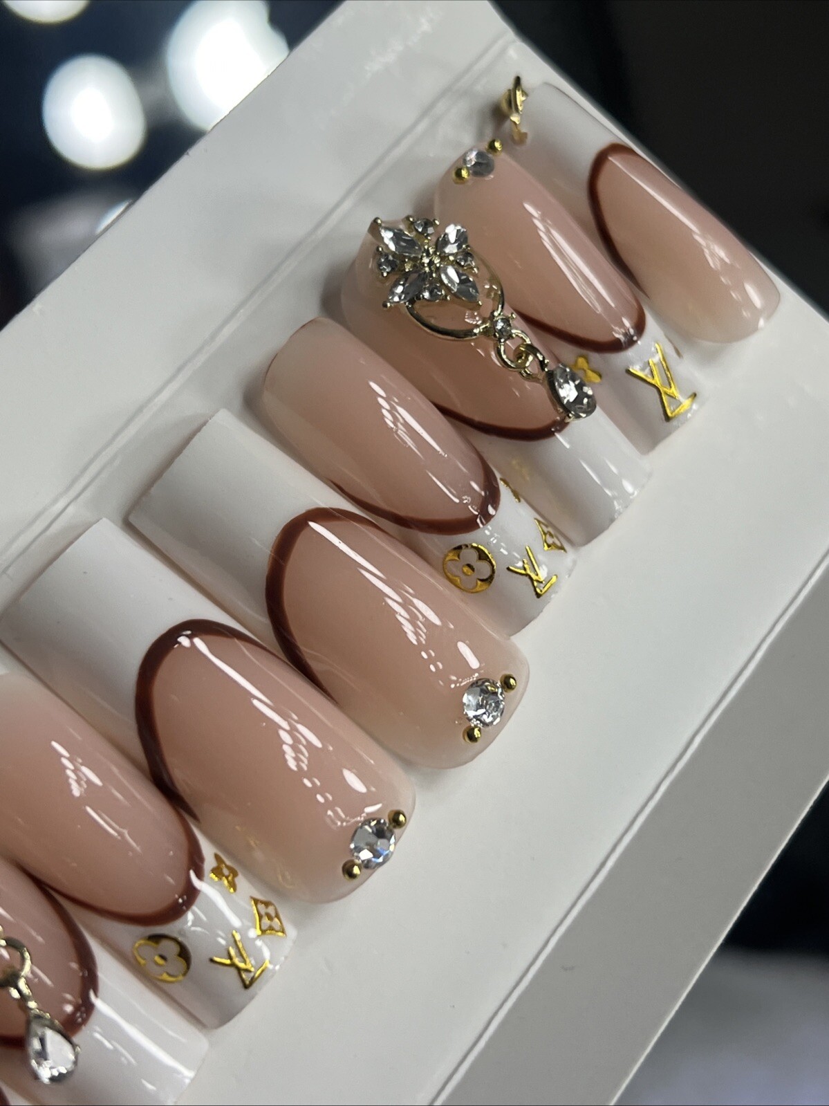 💎 CUSTOM Hard Gel Press On Nails, BLING NUDE , 10p FULL SET W Kit LONG SQUARE