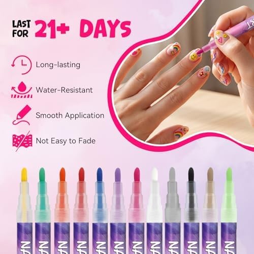 12 Colors Nail Art Pens Set, 0.7mm 3D Nail Polish Pens, Quick Dry, Long Lasting