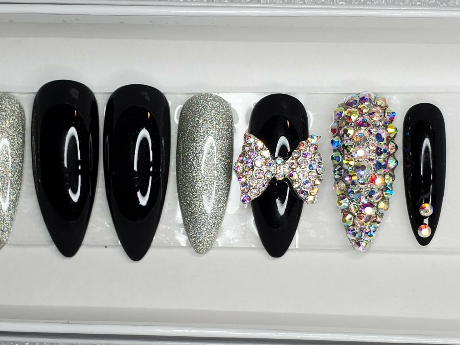 Black holographic glitter bling press on nails holo diamond crystal stiletto