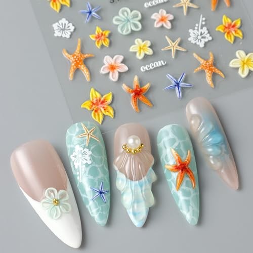 Flower Nail Stickers 3D Self-Adhesive Embossed Pink Floral Nail Colorful Flower