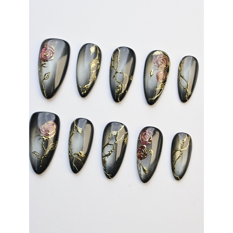 Rose Thorn Handmade Press on Nails Gold Cat Eye Dark Elegant Gloss Fake Nails