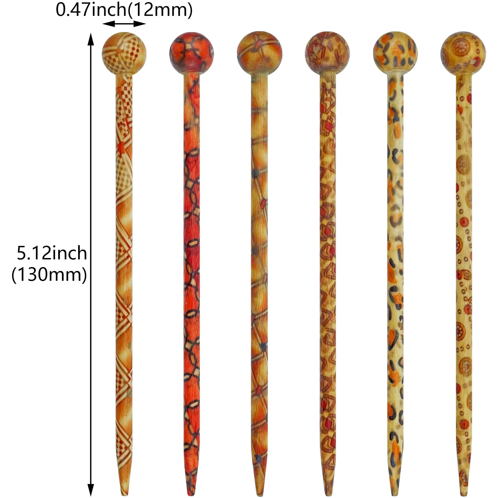 24 Pcs Boho Vintage Wood Hair Sticks 1 Count (Pack of 24), Red, Orange