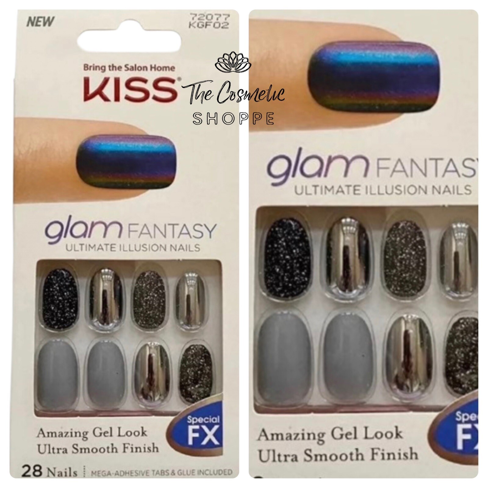 Kiss Glam Fantasy Glue On Full Cover Medium Length Oval Black Silver Nails x1