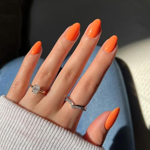 Orange Press on Nails Short Oval Round Nails Glue on, Fall Winter oval orange