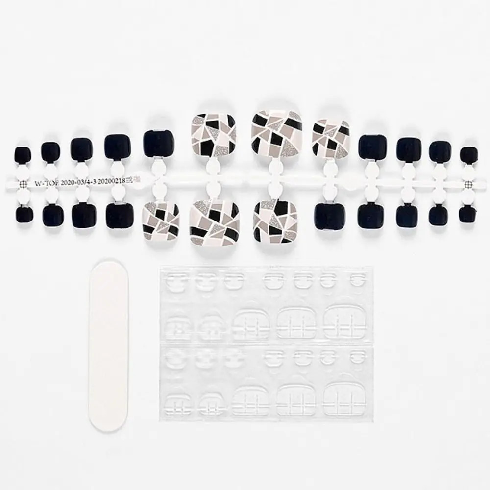 24pcs Sequins Full Cover Short Square Artificial Fake Toenails for Women Foot