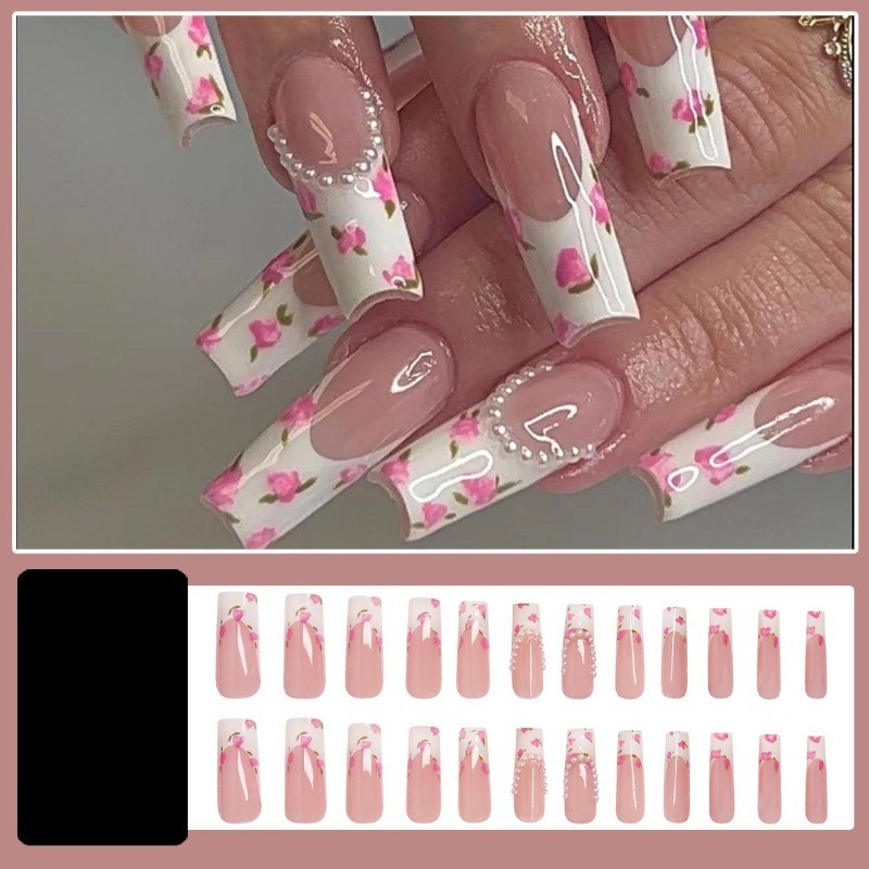 48pcs-Nude Fake Nails with White French Tips, Pink Roses and Pearl Heart Details