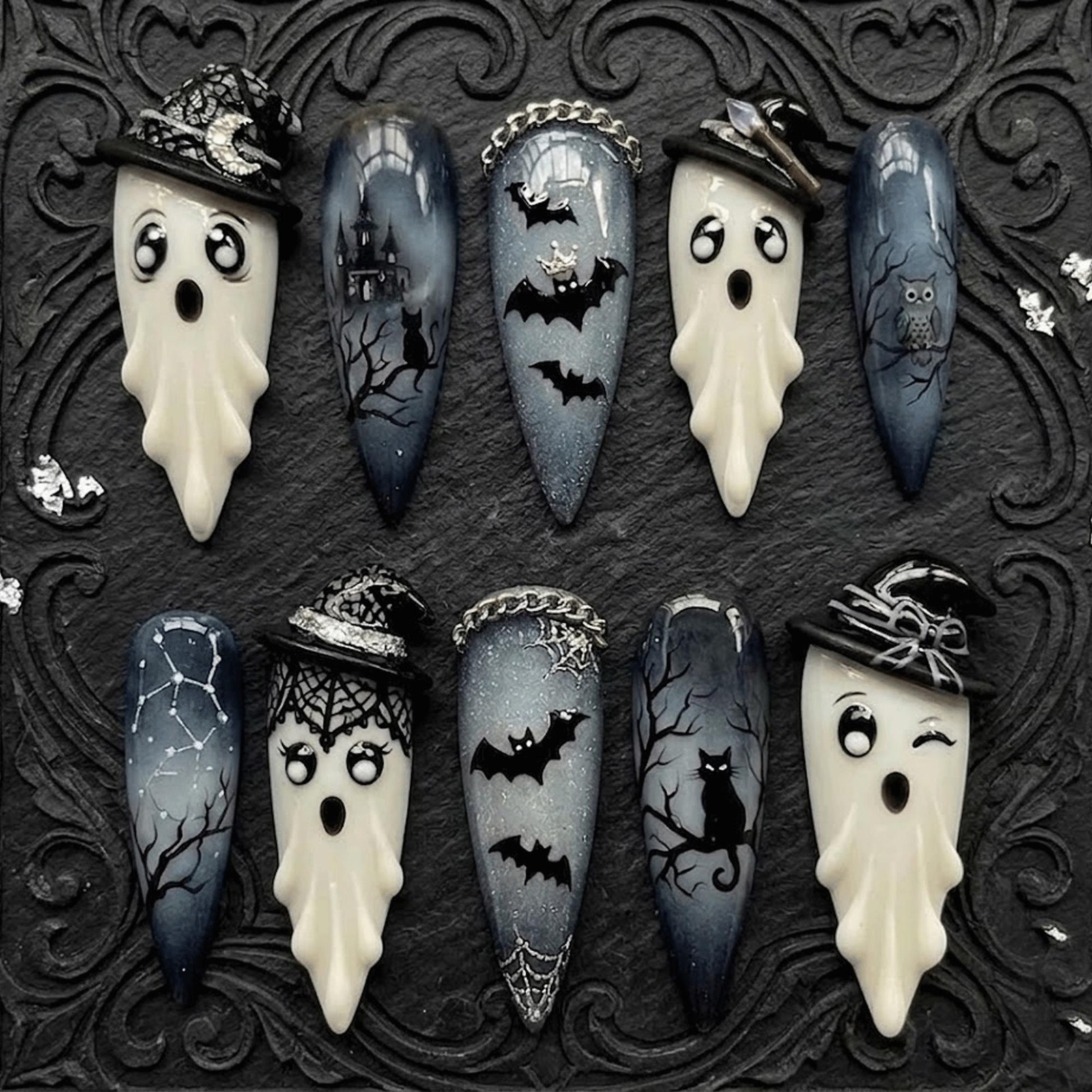 Custom Handmade Halloween Ghost Bat Black Cat Owl Castle Stiletto Press on Nails
