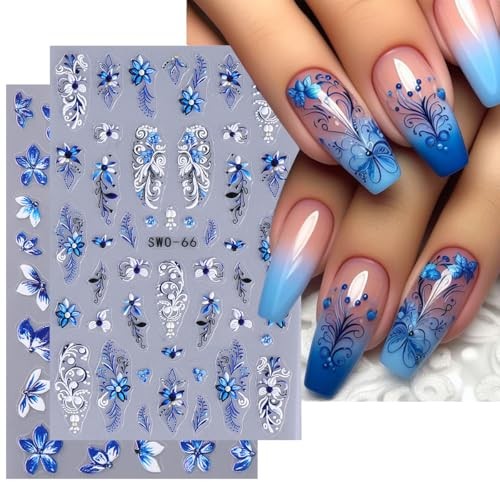 2Pcs 3D Embossed Flower Nail Stickers for Nail Art Self Adhesive Flowers W4