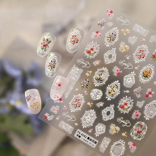 Flower Nail Stickers White Lace Nail Decals 5D Embossed Pink Red Floral Color 2