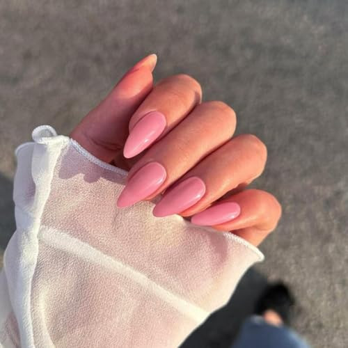 Press on Nails Medium Almond Stiletto Gel Fake Nails Medium Glossy Dark Pink