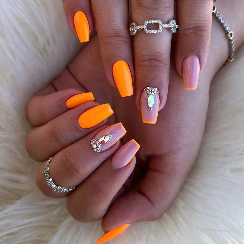 48Pcs-Orange Pink Two-tone Teardrop Rhinestone Medium Coffin Press on Nails