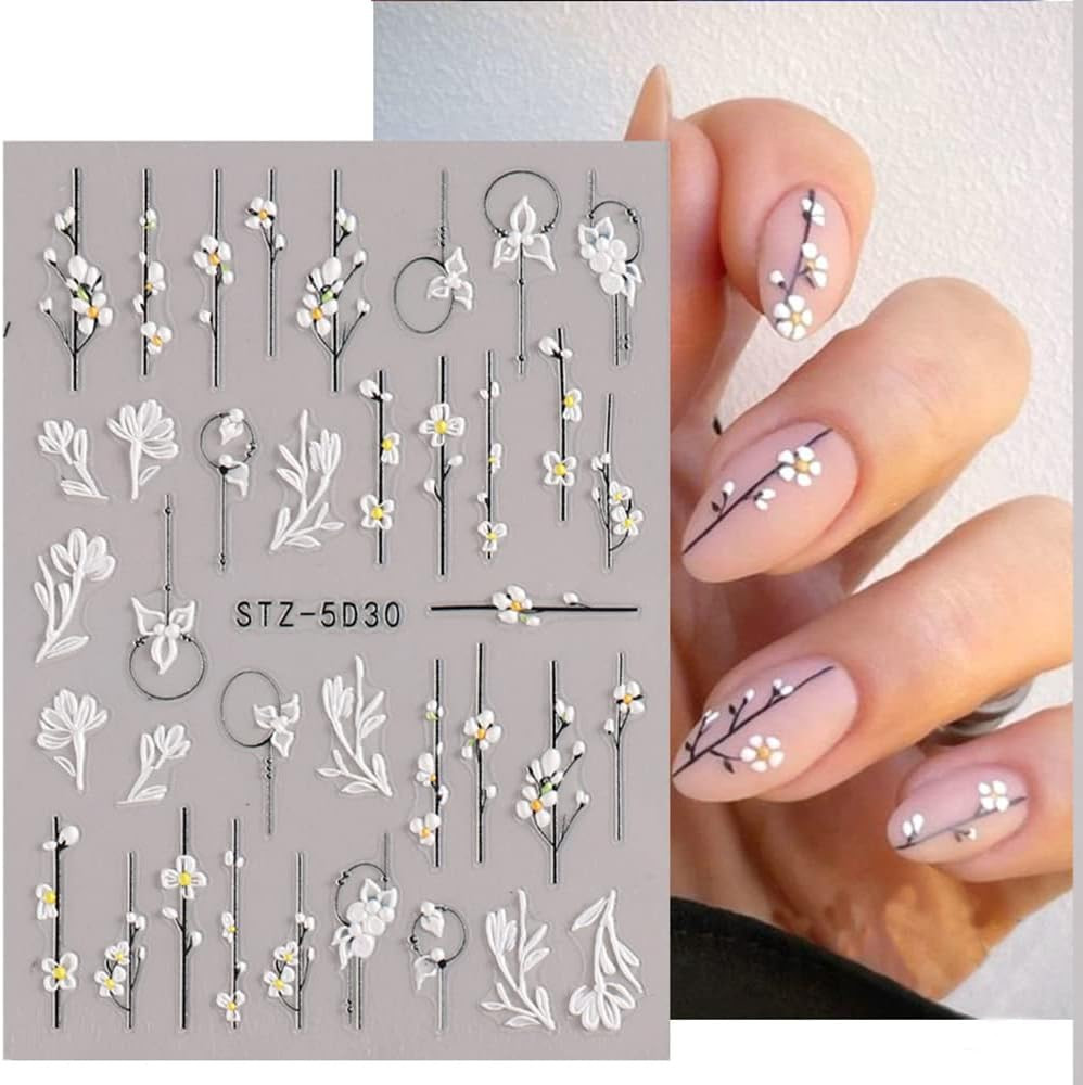 5D Flowers Nail Art Stickers – 6 Sheets Relief Flower Nail Decals Self-Adhesive