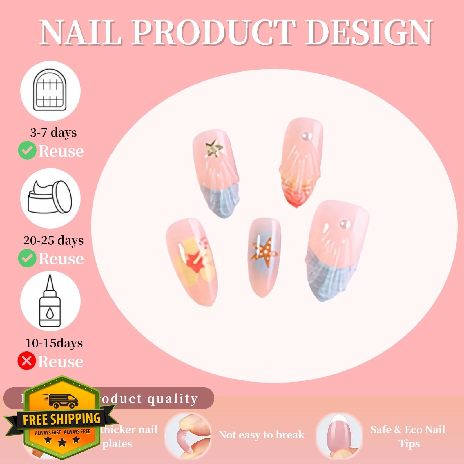 Tephrent Medium Almond French Tip Press on Nails Starfish