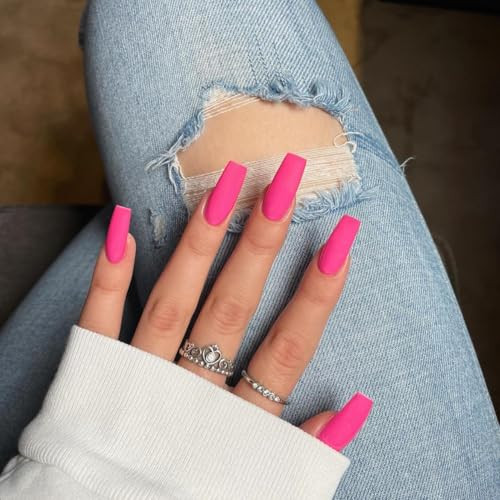 Matte Neon Hot Pink Press on Nails Long Medium Square, Fake matte hot pink