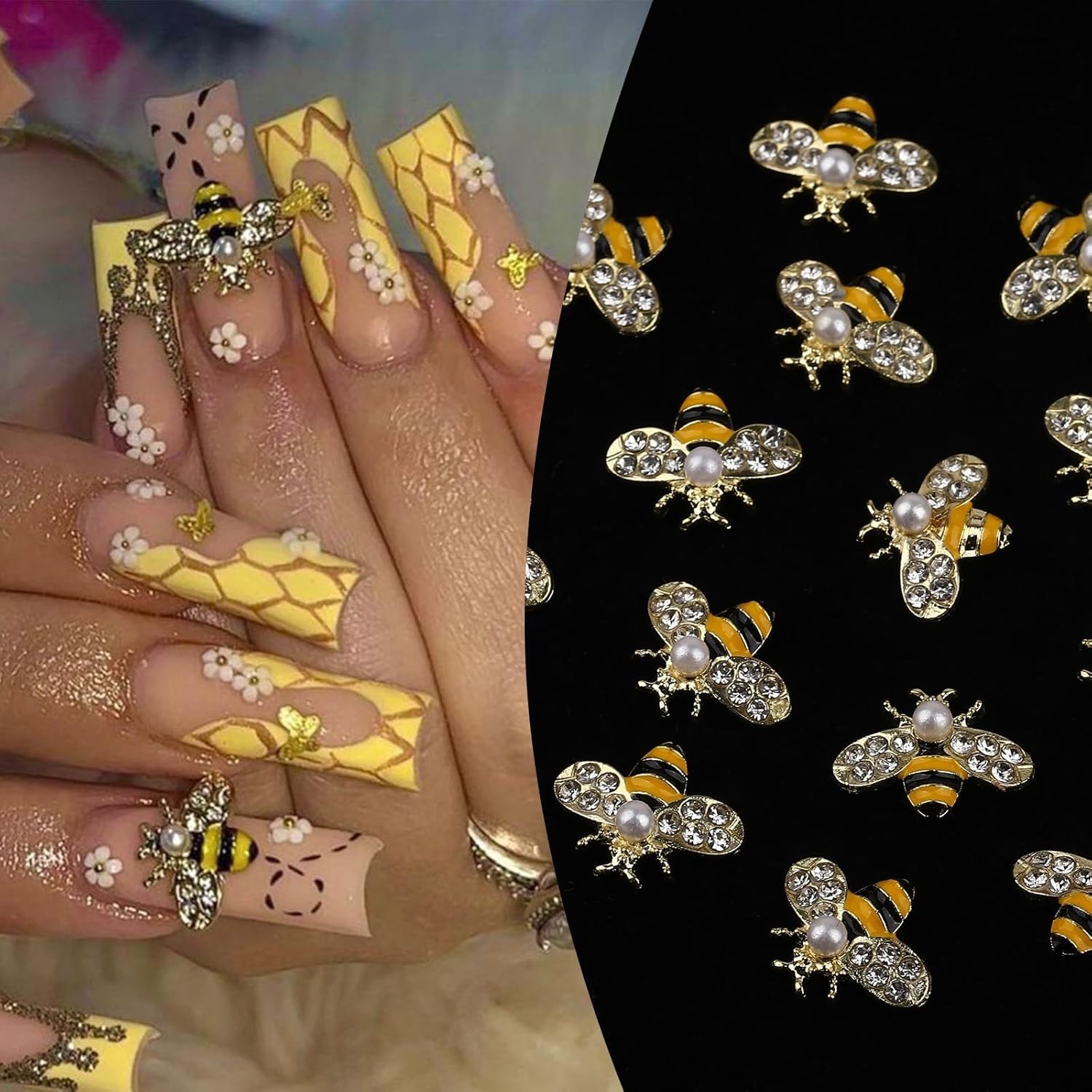 Cute Cartoon Bee Nail Charms 60Pcs Resin Daisy Flower Rhinestones for Nails