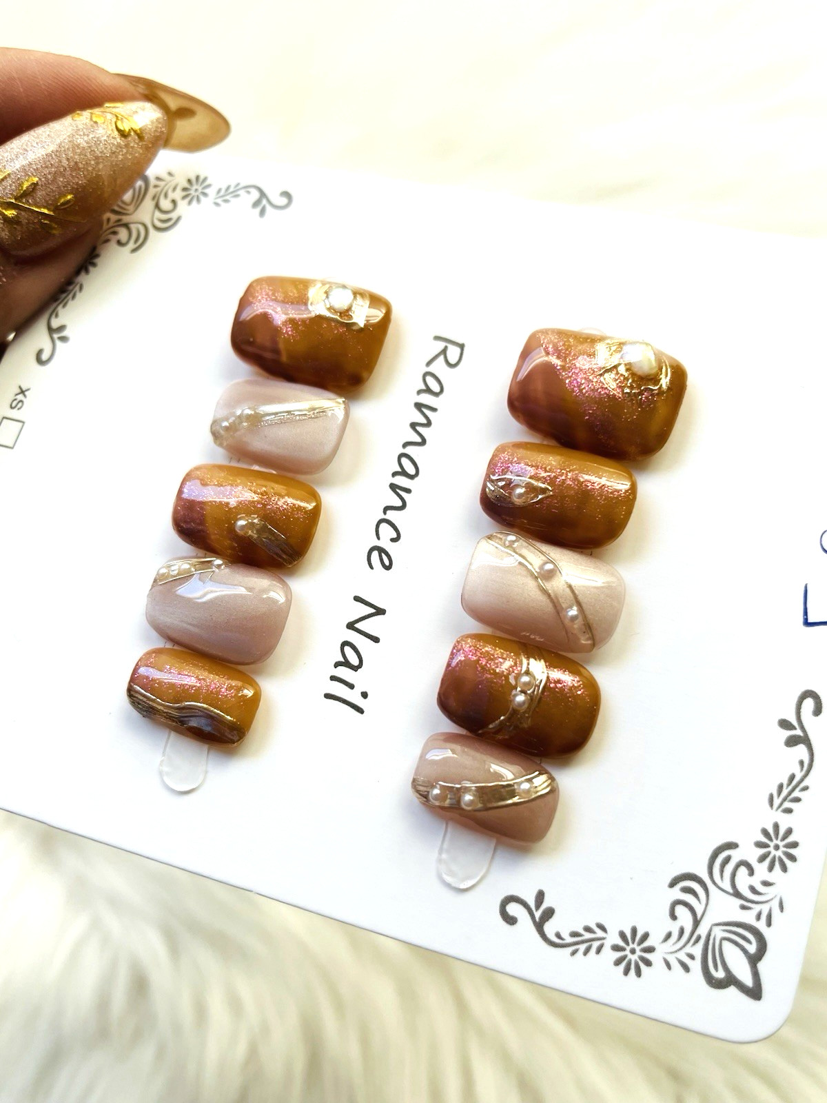 Bronze Pink Pearl Gold Premium Press On Nails Size MEDIUM, Short Length Square
