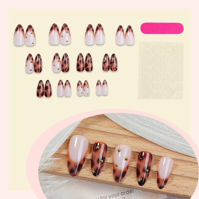 48pcs Stiletto Press on Nails, Brown Tortoise Gradient Gold Bead Chic Nails