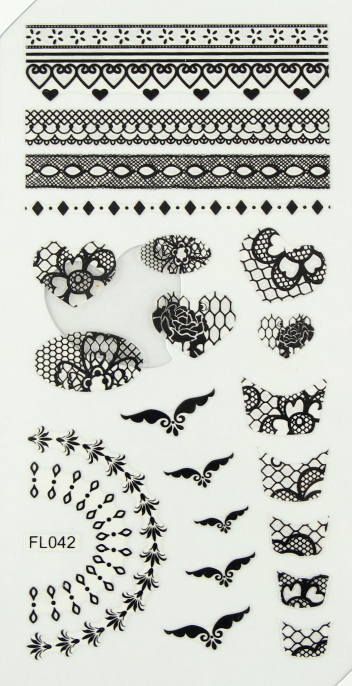 Long Lace Sheet nail art stickers Transfer black white flowers french tips