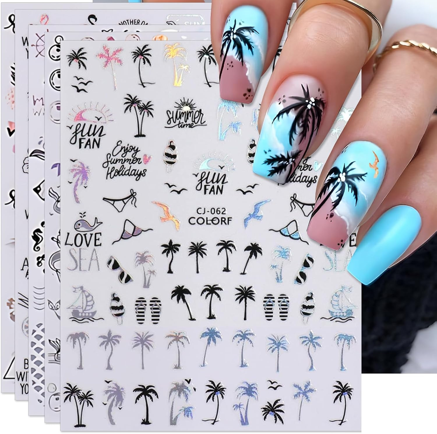 Summer Palm Tree Nail Art Stickers – Colorful Coconut Tree Seagull Self-Adhesive