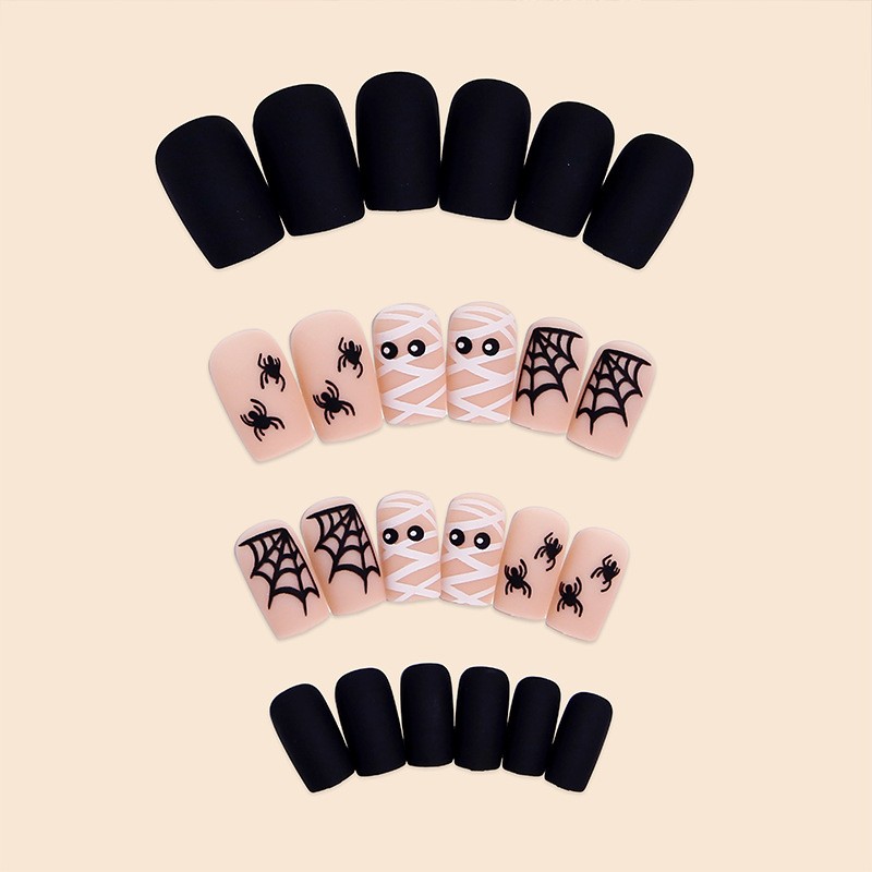 48Pcs-Medium Square Matte Black Nude Mummy Spider Web Halloween Press on Nails