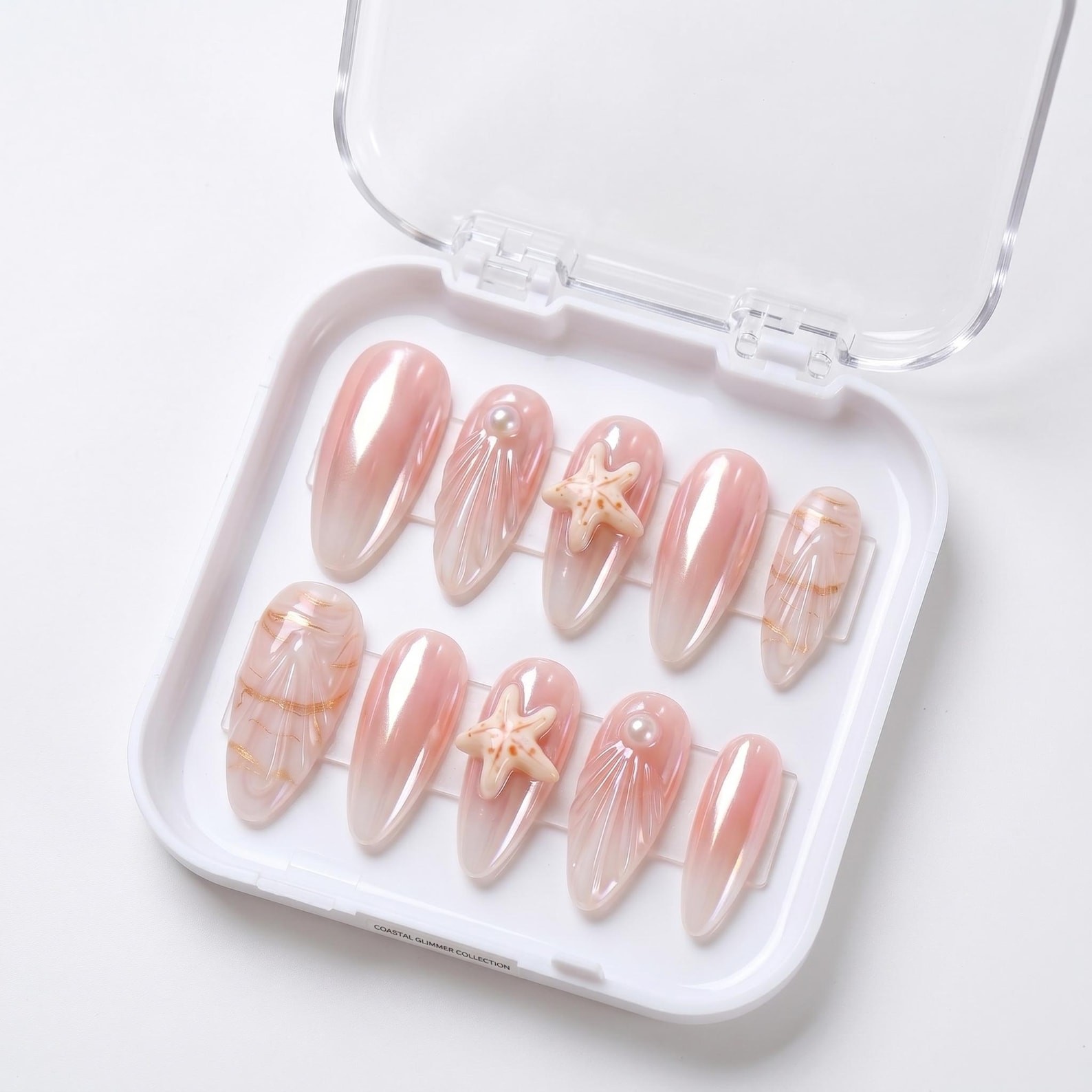 Handmade Pink Aurora Gradient Starfish Shell Pearl Medium Almond Press on Nails